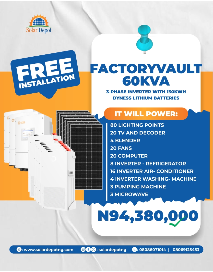 -------FactoryVault Package-------- 60kVA 3Phase Inverter  130KWH Lithium  Battery  160 x 565W Solar Panels Roof Rack Thunder Arrestor Cables